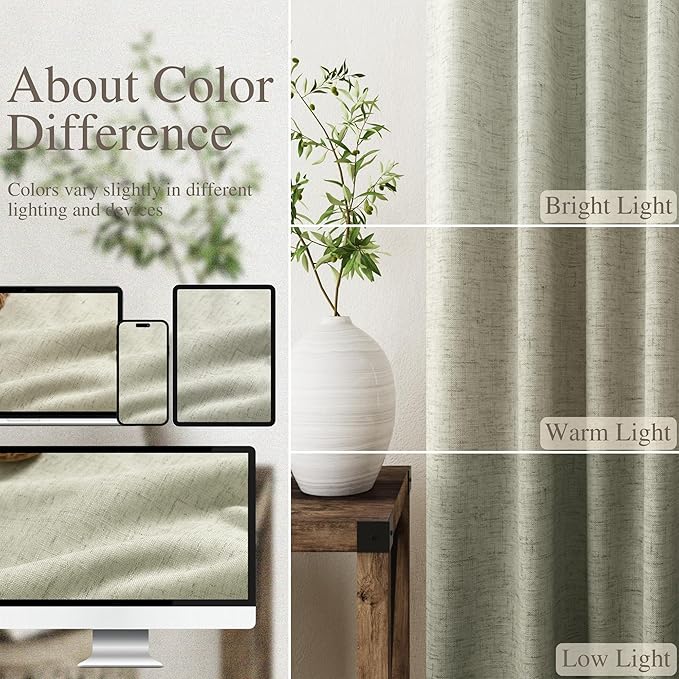 Sage Green Linen 100% Black Out Curtains 108 Inches Long 2 Panels Set for Bedroom Boho Farmhouse Back Tab Thermal Insulated Energy Efficient Curtains Living Room High Ceiling Length 9 FT 52x108