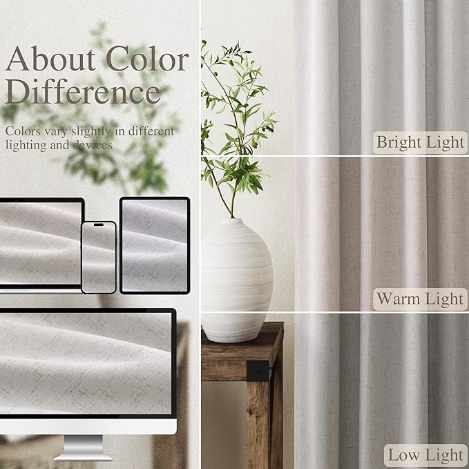 Extra Long Blackout Curtains 108 Inches Long Silver Birch Modern Linen Back Tab Pocket Curtains for Sliding Glass Doors Thermal Light Blocking Floor Length Windows Drapes With White Backing 52X108