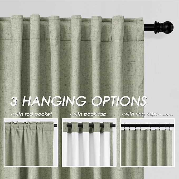 Sage Green Linen 100% Black Out Curtains 108 Inches Long 2 Panels Set for Bedroom Boho Farmhouse Back Tab Thermal Insulated Energy Efficient Curtains Living Room High Ceiling Length 9 FT 52x108