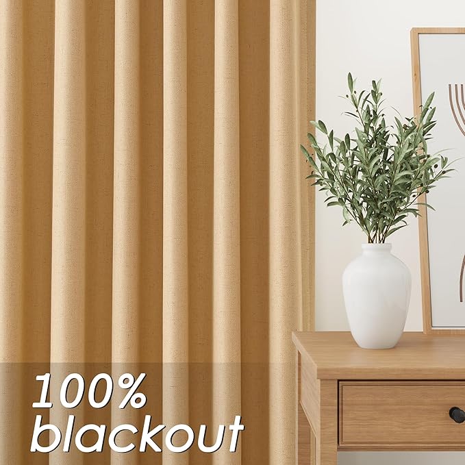 Blackout Camel Linen Curtains 96 Inches Long Back Tab Heat Reflective Full Light Block Out Curtain 2 Panels for Bedroom Window Textured Long Draperies with Liner Floor to Ceiling Length 52x96