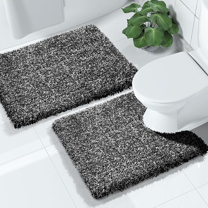 Yimobra Bathroom Rugs Sets 2 Piece, Soft Absorbent Bath Mat and U-Shaped Toilet Rug with Non Slip Backing, Machine Washable, Plush Shaggy Bath Mats for Bathroom, 24"x17"+24"x20", Black and White