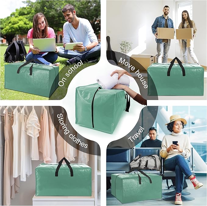 12 Pack Heavy Duty Large Moving Bags W/Backpack Straps - Strong Handles & Zippers, Storage Totes For Space Saving, Fold Flat, Alternative to Moving Box and Storage Bin, Teal