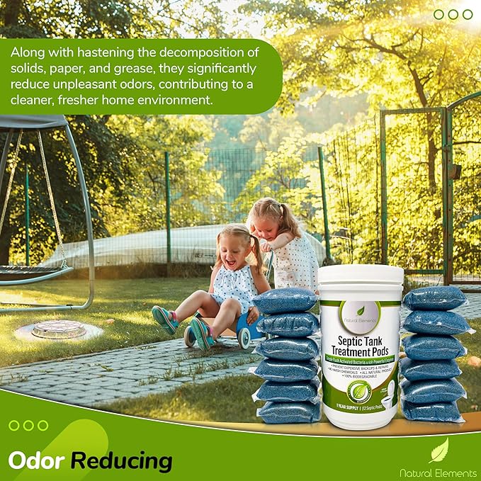 Natural Elements Septic Tank Treatment Pods | 1-Year Supply, Pack of 12 | Eco-Friendly Bacteria & Enzymes Formula | Prevents Backups, Eliminates Odors, Maintains System Health & Efficiency