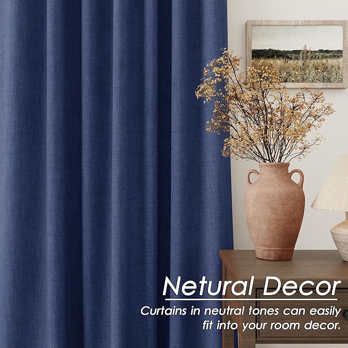 Nanspring 100% Blackout Linen Curtains 120 Inch Long 2 Panels Classic Blue Modern Urban Drapes Extra Long 10 FT Back Tab Pocket Thermal Insulated Curtains for Dining Room High Ceiling 52X120