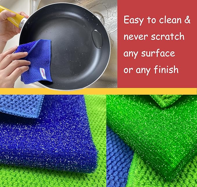 16 Pack Microfiber Scrub Dish Cleaning Cloth, Non-Scratch, Reusable & Durable for Pan Pot Dish Cooktop Stovetop Counter Kitchen Household, Machine Washable, 6 x 6 Inch, Blue & Green Assorted