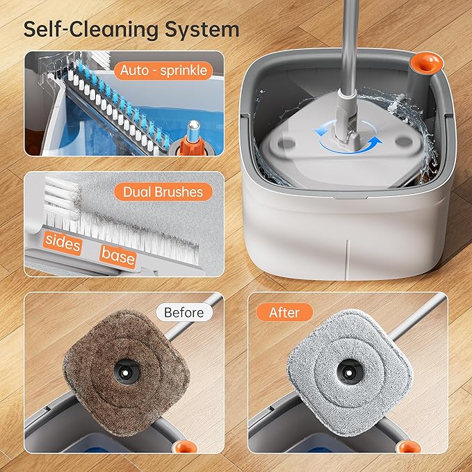 Spin Mop and Bucket Set with Self - Separation System, 360 - Degree Spinning Self - Wringing, Square Cleaning Mop and Bucket with Wringer, with Replaceable Mops (Light Grey - 2 Pads)