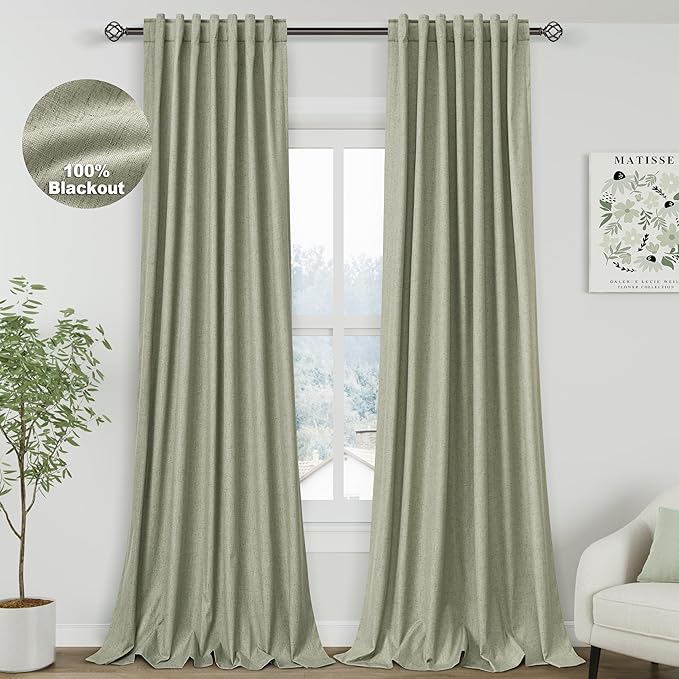 Sage Green Linen 100% Black Out Curtains 108 Inches Long 2 Panels Set for Bedroom Boho Farmhouse Back Tab Thermal Insulated Energy Efficient Curtains Living Room High Ceiling Length 9 FT 52x108