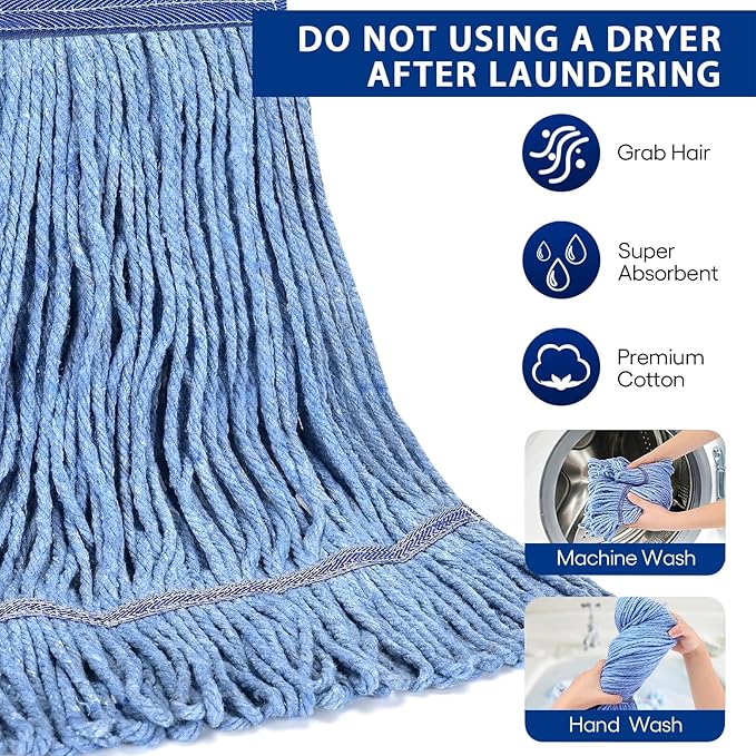 Matthew Cleaning Heavy Duty Mop Head Commercial Replacement for General and Floor Cleaning, Wet Industrial Blue Cotton Looped End String Head Refill (Pack of 12) Blue