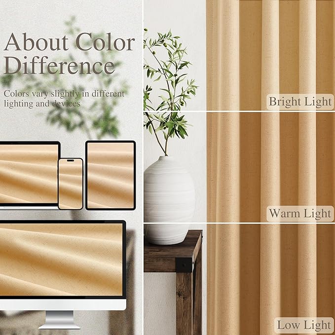 Blackout Camel Linen Curtains 96 Inches Long Back Tab Heat Reflective Full Light Block Out Curtain 2 Panels for Bedroom Window Textured Long Draperies with Liner Floor to Ceiling Length 52x96