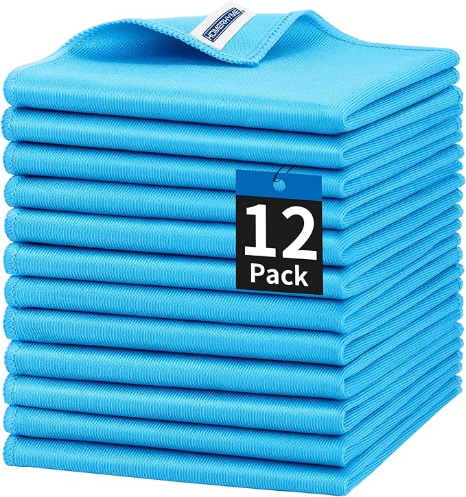 HOMERHYME Microfiber Glass Cleaning Cloth, 12 Pack Window Glass Cleaning Rags, Reusable Lint-Free Streak Free Polishing Cloth Wipes for Stainless Steel, Eyeglasses, Mirrors, Screens & Lenses,12" 12"