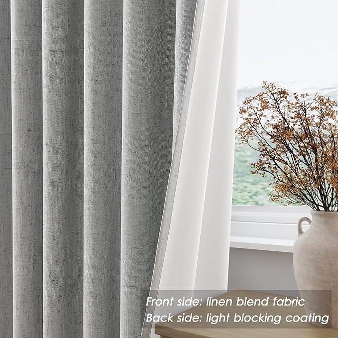 Extra Long Blackout Curtains 108 Inches Long Silver Grey Modern Linen Back Tab Pocket Curtains for Sliding Glass Doors Thermal Light Blocking Floor Length Windows Drapes With White Backing 52X108