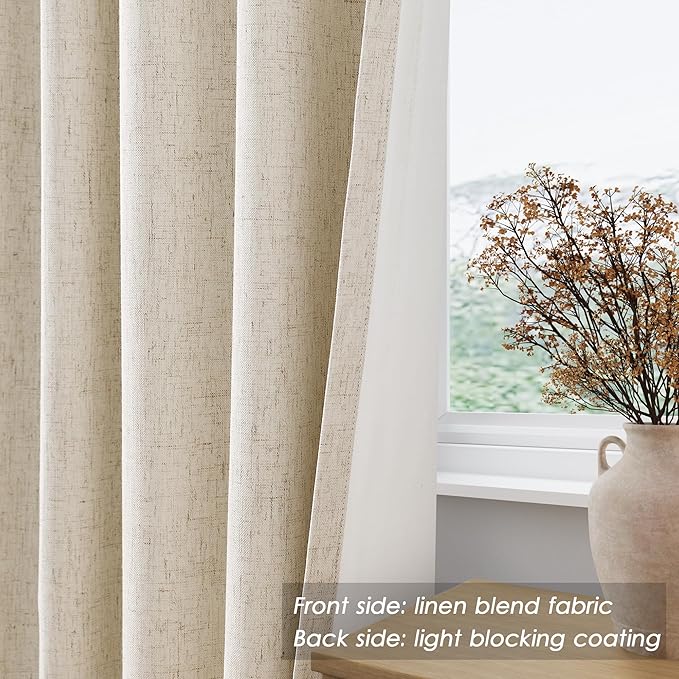 Tan Beige Linen Blackout Curtains 80 Inches Long for Bedroom Back Tab Burlap Flax Linen Drapes Blackout Rustic Farmhouse Full Light Blocking Winter Thermal Insulated Curtain 80 Inch Length 2 Panels