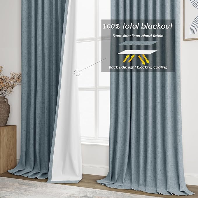 Extra Long Blackout Curtains 108 Inches Long Dark Blue Modern Linen Back Tab Rod Pocket Curtains for Sliding Glass Doors Thermal Light Blocking Floor Length Windows Drapes With White Backing 9Ft