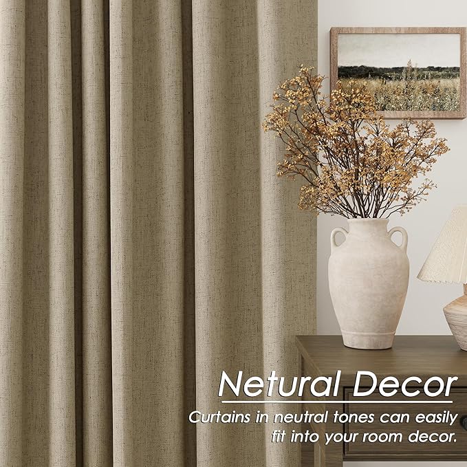 Extra Long Blackout Curtains 108 Inches Long Tan Brown Modern Linen Back Tab Rod Pocket Curtains for Sliding Glass Doors Thermal Light Blocking Floor Length Windows Drapes With White Backing 9Ft