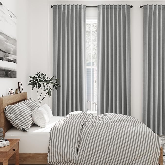 Charcoal Linen Blackout Curtains 108 Inches Long 2 Panel Set for Living Room Back Tab Pocket Drapes Cotton Textured Room Darkening Light Blocking Curtain for Bedroom Cottage High Window 52x108