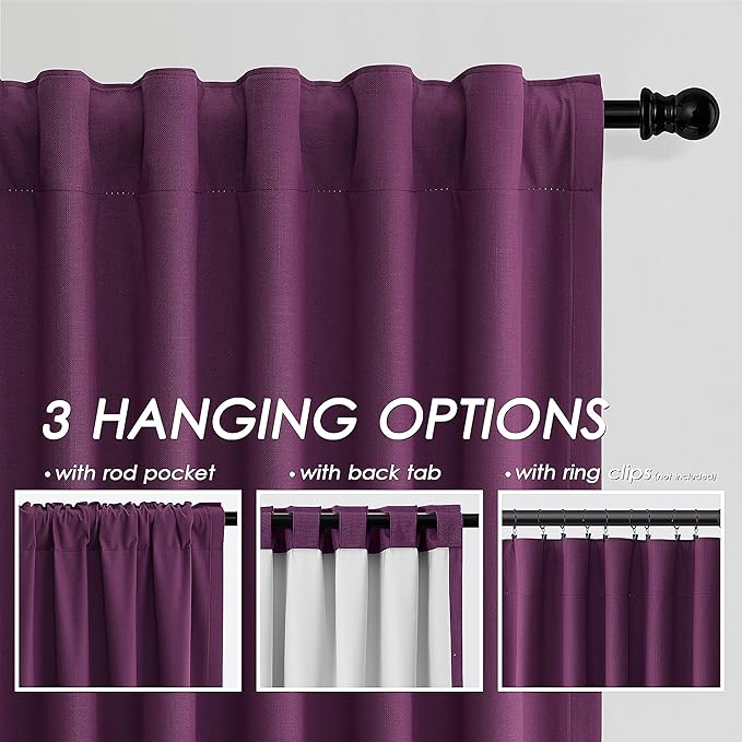 Nanspring Full Blackout Linen Purple Curtains 90 Inches Long for Living Room Patio Sliding Door Back Tab 100% Black Out Bedroom Curtains Boho Elegant Modern Window Curtain Panels Set of 2 52x90 Inch