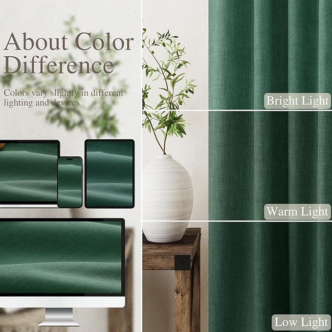 Blackout Green Linen Curtains 96 Inches Long Back Tab Heat Reflective Full Light Block Out Curtains 2 Panels for Bedroom Windows Textured Long Draperies with Liner Floor to Ceiling Length 8Ft 52x96
