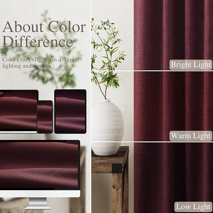 Full Black Out Burgundy Window Curtains 96 Inches Long Back Tab Rod Pocket Thermal Insulated Noise Cancelling Room Darkening 2 Panels Set for Nursery Boho Farmhouse Curtains Drapes 52x96