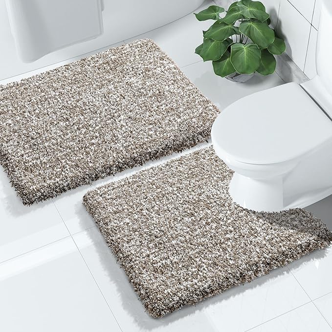 Yimobra Bathroom Rugs Sets 2 Piece, Soft Absorbent Bath Mat and U-Shaped Toilet Rug with Non Slip Backing, Machine Washable, Plush Shaggy Bath Mats for Bathroom, 24"x17"+24"x20", Light Brown and White