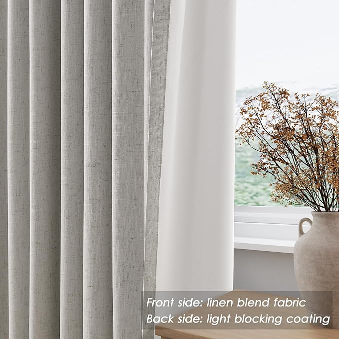 Extra Long Blackout Curtains 108 Inches Long Silver Birch Modern Linen Back Tab Pocket Curtains for Sliding Glass Doors Thermal Light Blocking Floor Length Windows Drapes With White Backing 52X108