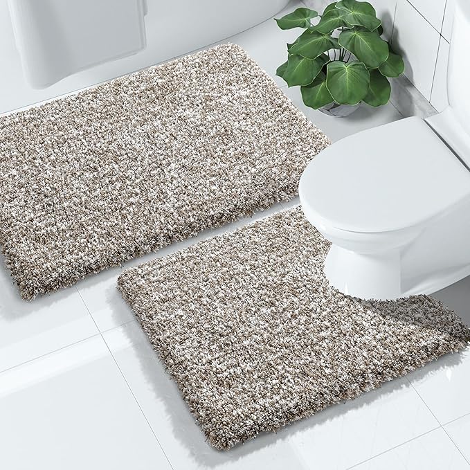 Yimobra Bathroom Rugs Sets 2 Piece, Soft Absorbent Bath Mat and U-Shaped Toilet Rug with Non Slip Backing, Machine Washable, Plush Shaggy Bath Mats for Bathroom, 32"x20"+24"x20", Light Brown and White