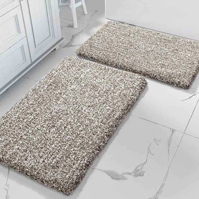 Yimobra Bathroom Rug Set 2 Piece, Soft Absorbent Microfiber Bath Mat Set, Non Slip Machine Washable Dry, Plush Shaggy Shower Rugs for Bathroom Floor, 32"x20"+24"x17", Light Brown and White