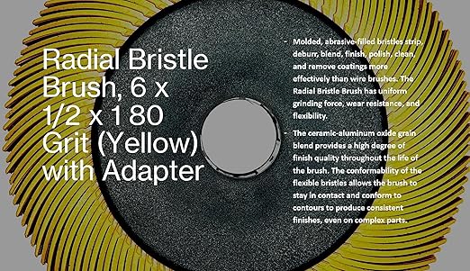 Radial Bristle Brush, 6 in x 1/2 in x 1 in, 80 Grit (Yellow) Type C Curved Bristles, 1 Pack