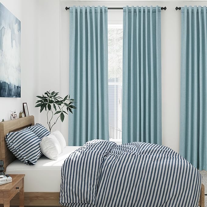 Nanspring Light Blue Linen Blackout Curtains 84 Inches for Bedroom Modern Farmhouse Living Room Draperies Cream Colored Thermal Insulated Full Shading Curtains for Sliding Door 52x84