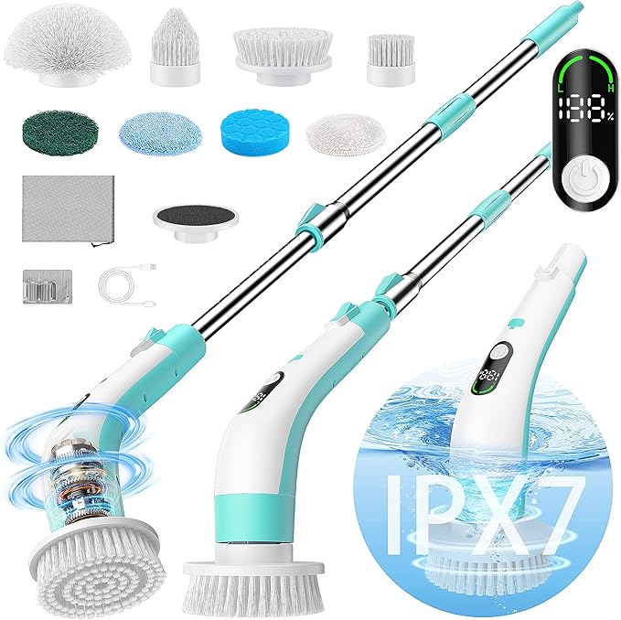 Electric Spin Scrubber with LED Display, IPX7 Waterproof Powerful Shower Scrubber, 2H Runtime, 2 Speeds, Adjustable Handle, 8 Brush Heads for Bathtub Tile Car-Green and White